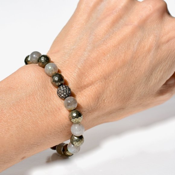 925 Sterling Silver Rose Cut Natural Diamond/Labradorite Pyrite Stretch Bracelet - Picture 4 of 5
